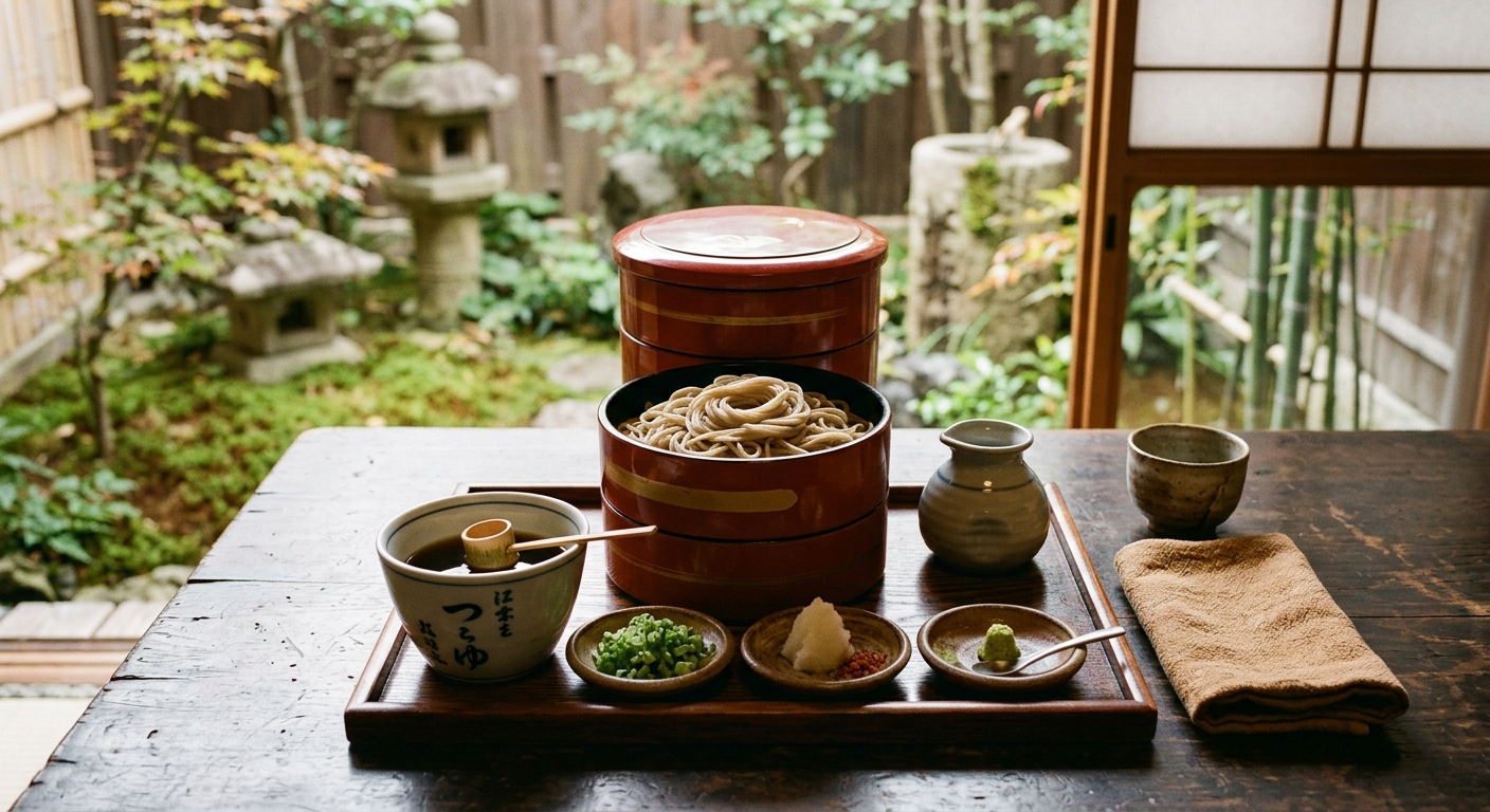 A beautifully arranged plate of Wariko Soba in a red lacquered box, with dipping sauce and garnishes, in a serene Japanese setting.