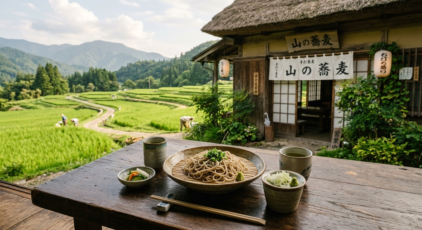 A traditional soba noodle shop in lush green rice fields, with a wooden table displaying a bowl of soba noodles garnished with green onions.