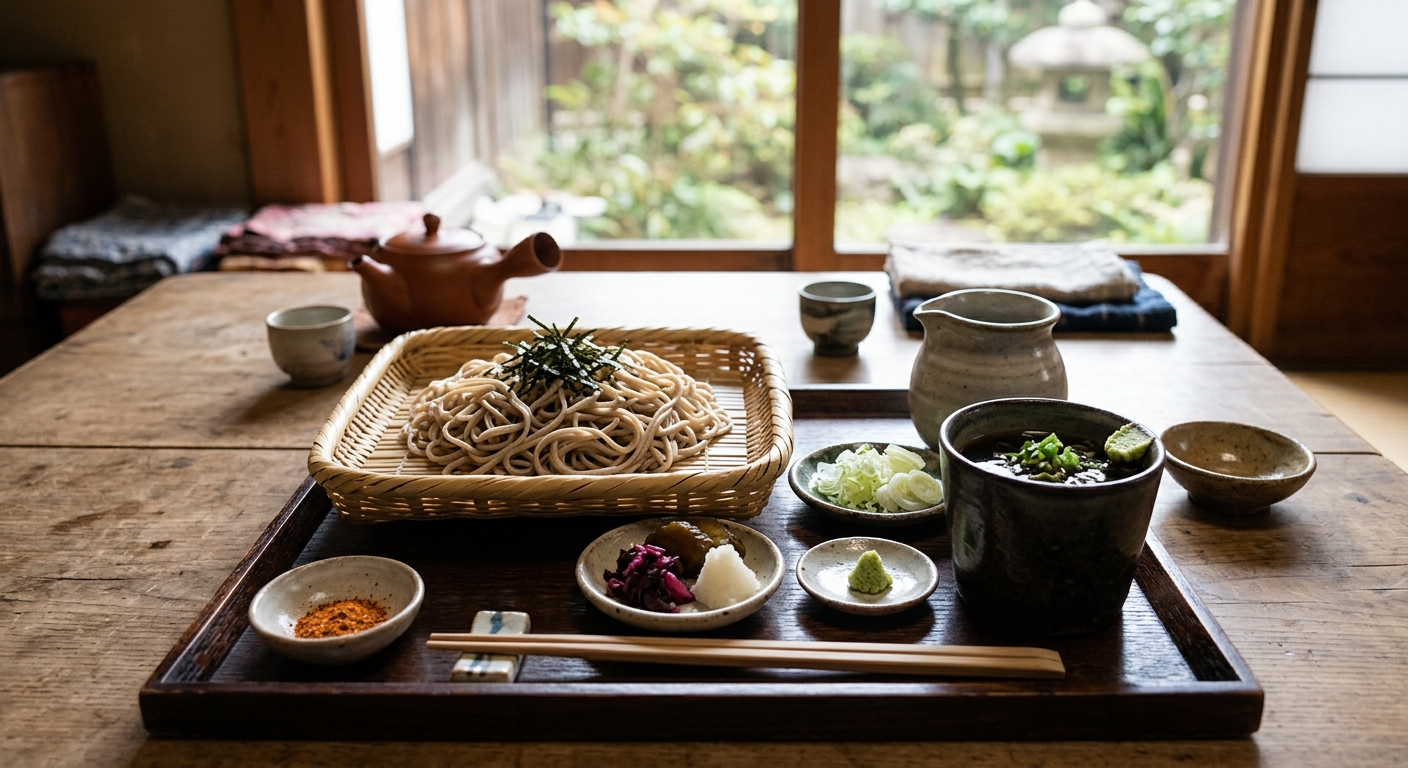 A serene dining scene with a traditional Japanese soba meal on a wooden tray, surrounded by elegant ceramics and soft natural lighting.