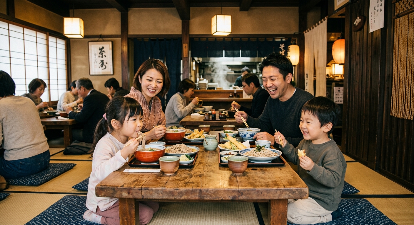 Family enjoying a meal at a cozy soba restaurant with warm wooden interiors and vibrant dishes, evoking joy and togetherness.