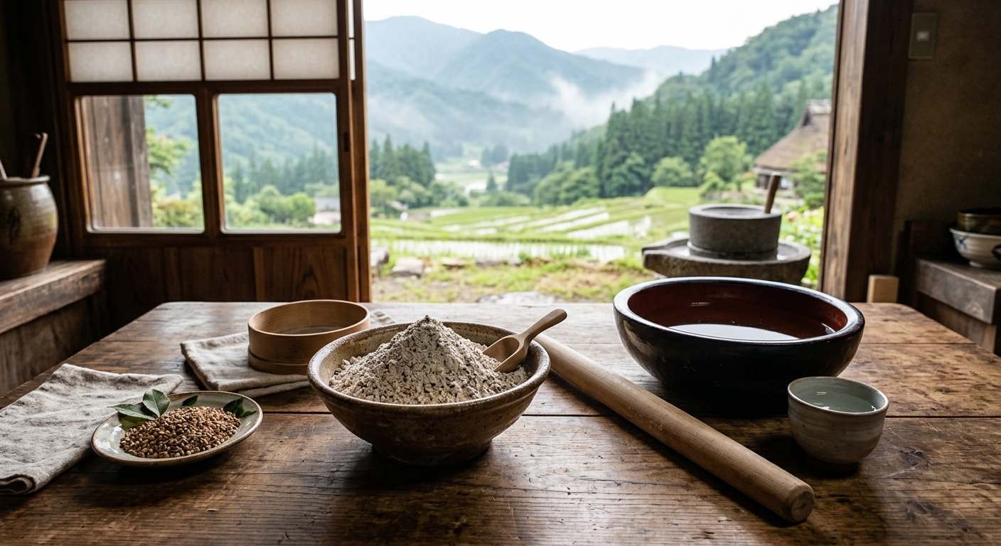 Rustic kitchen table with buckwheat flour, rolling pin, and water bowl for Izumo soba, set against a serene Japanese countryside view.