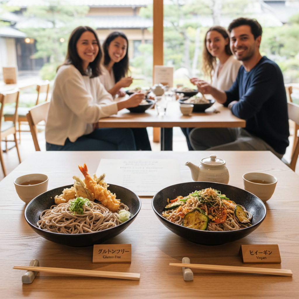 健康志向の外国人観光客向けに、グルテンフリーやヴィーガン対応のそば店はありますか？